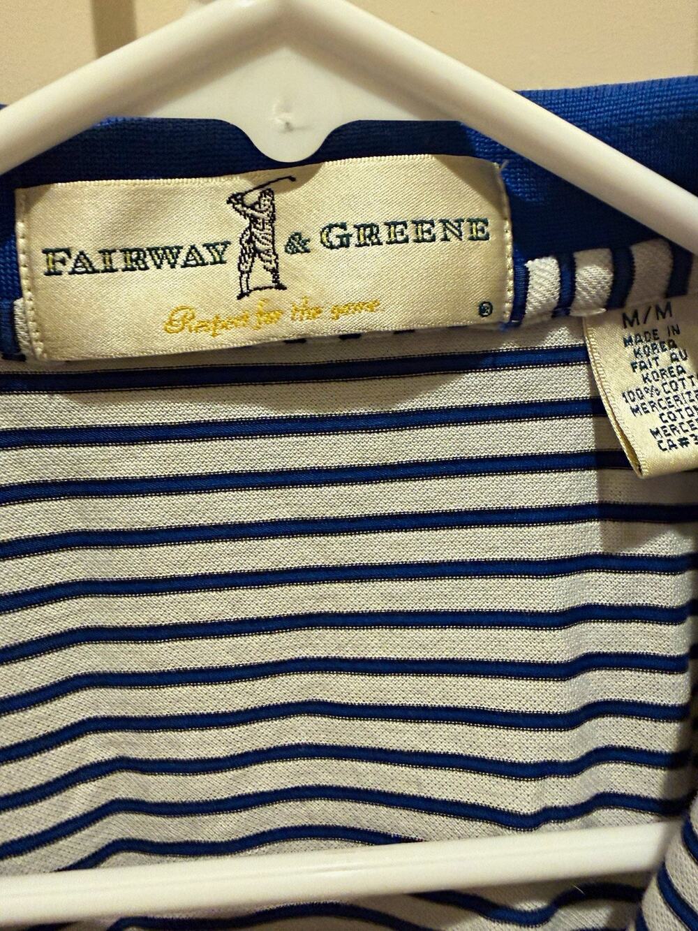 Fairway & Greene Men’s Blue/White Striped Cotton Knit Short Sleeve Polo M